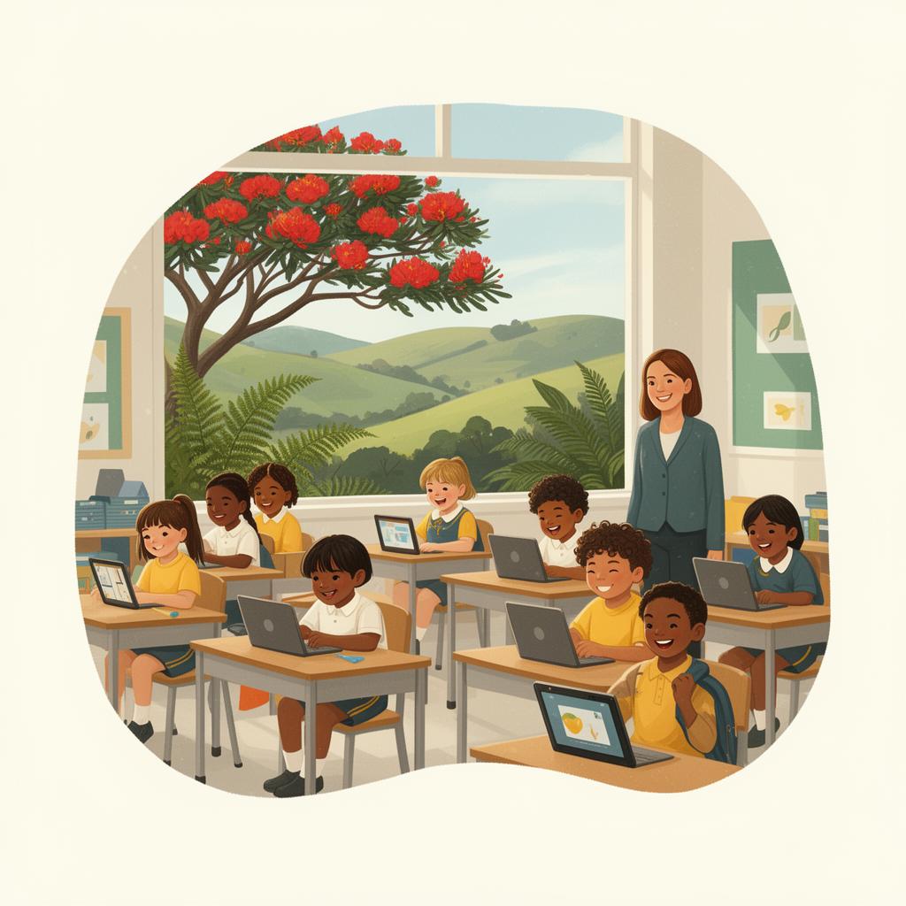 Diverse New Zealand primary school children learning together with laptops in a bright classroom